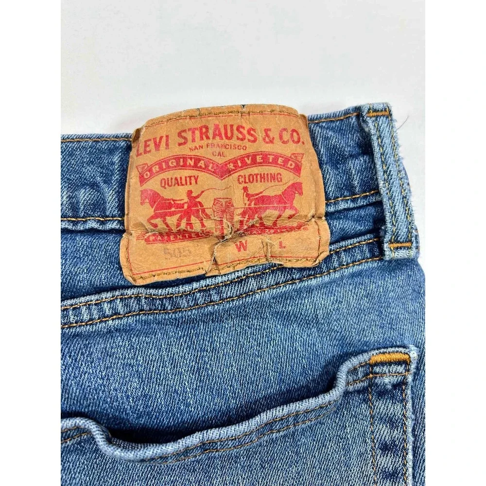 Levis 505 Regular Fit Straight Leg Jeans Blue Medium Wash Mens 34x32 Distressed